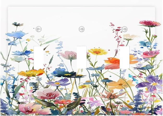 Watercolor Wildflowers Colorful Floral Plant Decorative Switch Plates 3 Gang Wall Plate Triple Toggle Light Switch Cover Faceplate Electrical Wall Panels for Bedroom Living Room Decor