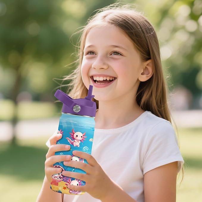 Axolotl Gifts for Girls, 16oz Axolotls Water Bottle with Straw Lid, BPA-Free, Leak Proof Stainless Steel Insulated Tumbler, Adorable Ocean Animal Mug Cup for Sports,Travel Boys Birthday Gifts (1pc)
