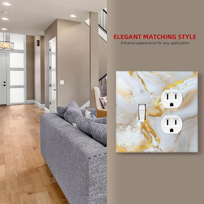 Decorative Switch Cover Plate Abstract Gold Marble Design with White & Gold Toggle Duplex Wall Plate 2 Gang Light Switch Cover Outlet Covers for Modern Luxurious Decor