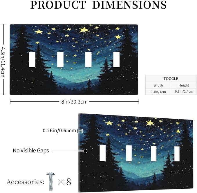 Light Switch Covers Blue Starry Sky Forest Painted Star Pine Tree Oil Painting Quad Toggle 4 Gang Wall Plate Electrical Faceplate Decorative Switch Plates for Bedroom Cabin Decor