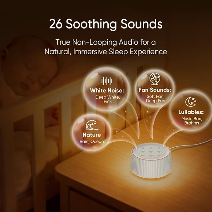 Noise Machine, White Noise Sound Machine for Baby & Adults, 26 Soothing Sounds, 8 Night Light Colors, Tap Control, 6 Timer Settings, Auto-Off & Memory, 4-7-8 Breathing, Sleep Soother for Home