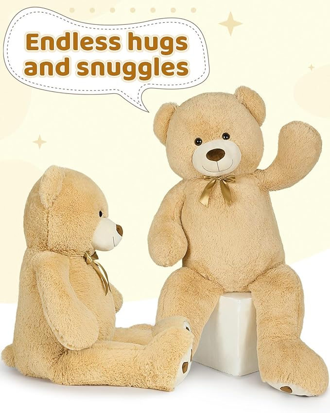 MaoGoLan Giant Teddy Bear Stuffed Animal, 52" Large Tan Teddy Bear Plush Toy with Cute Bow Tie & Footprints, Soft Sunggle Bear Plushies Gift for Kids Grilfriend Wife on Christmas Birthday Baby Shower