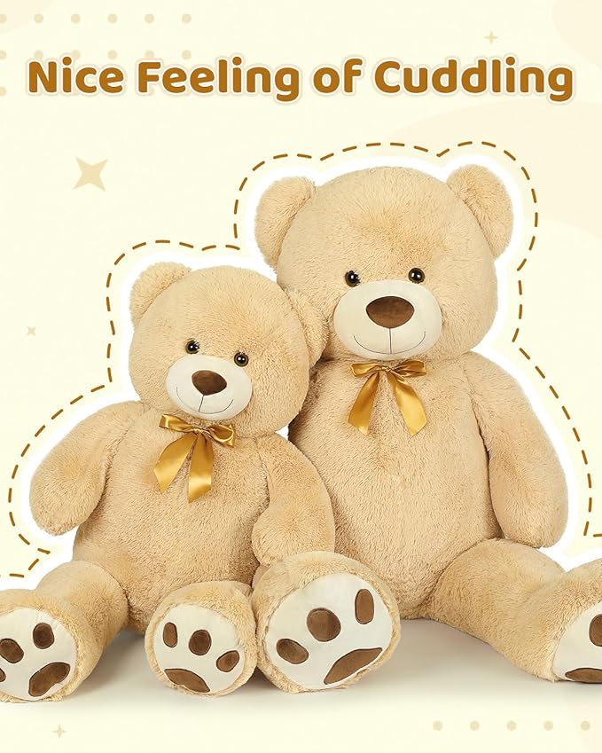 MaoGoLan Giant Teddy Bear Stuffed Animal, 52" Large Tan Teddy Bear Plush Toy with Cute Bow Tie & Footprints, Soft Sunggle Bear Plushies Gift for Kids Grilfriend Wife on Christmas Birthday Baby Shower