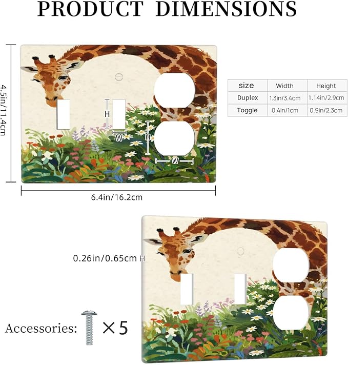 Giraffe 2 Toggle 1 Duplex Receptacle Outlet Cover Wall Plate Decorative 3 Gang Light Switch Covers Electrical Switchplate Home Decorate Faceplat for Bathroom Bedroom Kitchen Room 4.5 x 6.4 Inch