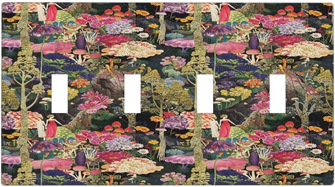 Dreamy Tropical Rainforest Colorful Mushroom Wildflower Light Switch Covers Quad Toggle Electrical Faceplate 4 Gang Wall Plate Decorative Switch Plates Cover for Farmhouse Kids Room Decor