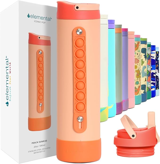 Elemental Iconic Kids Water Bottle for School - 100% Leak-Proof Insulated Water Bottles with Straw Lid & Pop-It Handle for Boys & Girls - Triple-Wall Insulated & BPA-Free, 20oz – Peach Sunrise