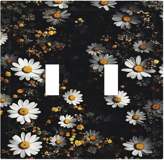 White Black Daisy Wildflower Modern Chrysanthemum Decorative Switch Plates 2 Gang Double Toggle Outlet Light Switch Cover Wall Plate Electrical Faceplate for Bedroom Farmhouse Decor