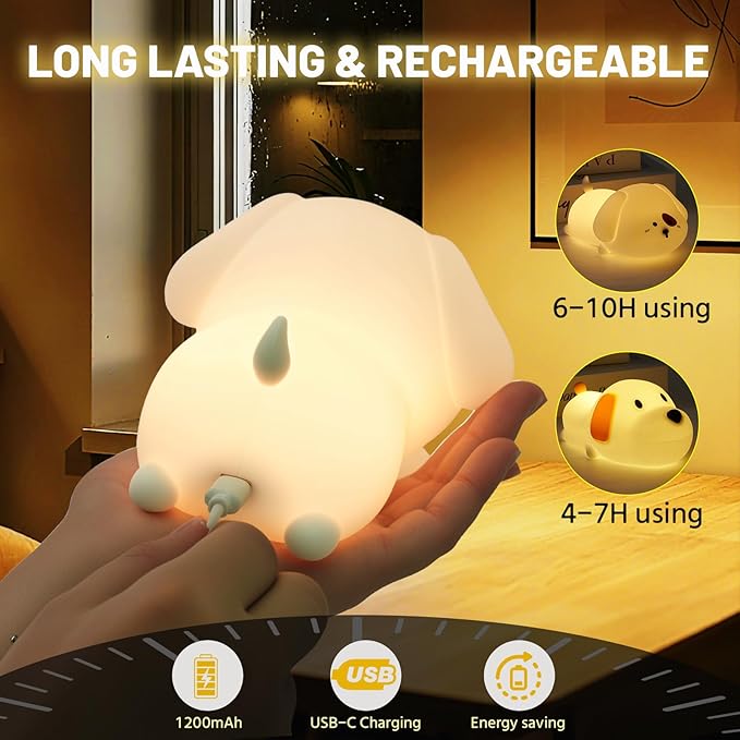 Silicone Night Light (2 Pack) 7 Colors for Kids, Touch Control, LED Dog Lamp, Rechargeable, Cute Puppy Night Lights for Toddler,Boy, Girls, RGB, Warm White
