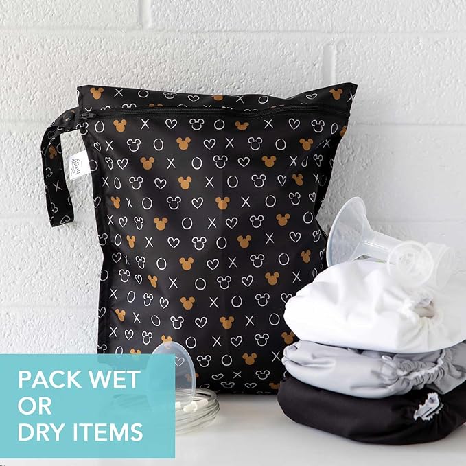 Bumkins Disney Waterproof Wet Bag for Baby, Travel, Swim Suit, Cloth Diapers, Pump Parts, Pool, Beach, Gym Clothes, Toiletry, Hook to Stroller, Daycare, Zip Reusable Wetdry Packing, Minnie Mouse Icon
