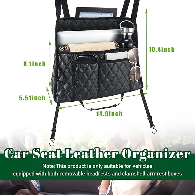 Dickno Car Purse Holder Between Seats, Leather Auto Front Seat Handbag Organizer Pocket, Universal Large Capacity Seat Bag Box Storage, Vehicle Interior Backseat Barrier for Kids Pet