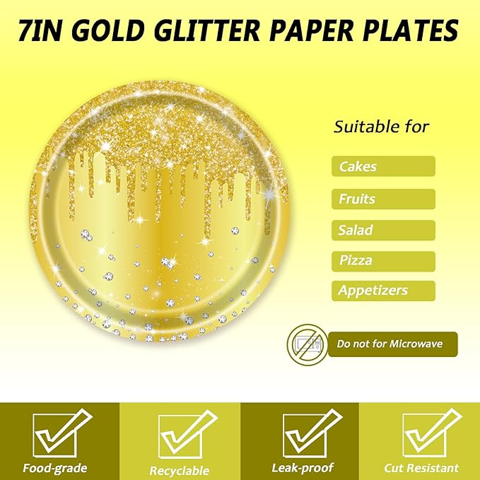 72 Pcs Gold Glitter Paper Plates 7in Disposable Paper Dessert Plates Napkins and Forks Party Tableware Set Happy Birthday Table Decorations for 24 Guests Gold Birthday Anniversary Wedding Theme Party