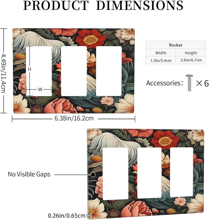 Light Switch Covers Rooster Flowers Red White Chicken Floral 3 Gang Rocker Electrical GFCI Decorative Triple Outlet Wall Plate Cover Switchplate for living Room Farmhouse Decor