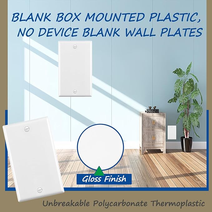 12-Pack,No Device Blank Wall plate,Standard Size 1-Gang 4.50" x 2.76",Unbreakable Polycarbonate Thermoplastic,Blank Box Mounted Plastic Wall plate,UL Listed,Glossy White