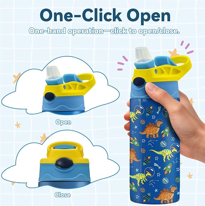 12oz Dinosaur Astronaut Kids Water Bottle, Space Dino Water Bottle for School, Kids Insulated Bottles with Straw & Handle, Leak-Proof, BPA-free, Straw Lid, Stainless Steel for Travel Gift Cup for Boy