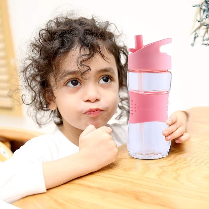 Sivaphe Clear Kids Water Bottle with Straw Cap 12 oz, Portable Leak-Proof Tritan Small Beverage Bottle 350 ml, Transparent Sports Drinking Bottle 350ml for School Girls Lightweight Pink