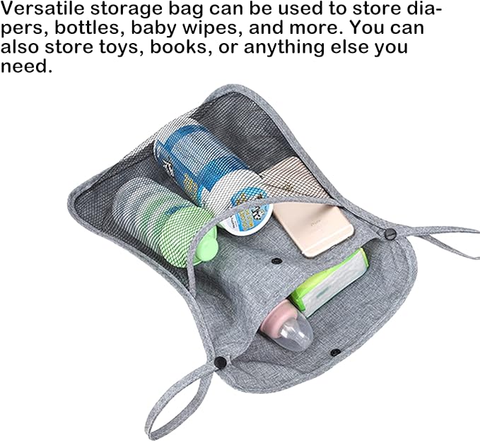 Portable Stroller Hanging Bag with Two Storage Pockets Stroller Bag Organizer for Nappy Baby Cloth/Bottle/Toy, Stroller Hanging Storage Net Bag, Grey
