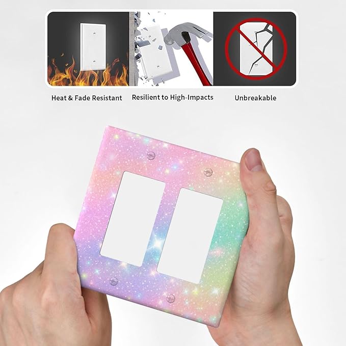 Decorative Outlet Covers Rainbow Shiny Gradient Colors 2 Gang Wall Plate Double Rocker Light Switch Cover Plate Jumbo Dual Electrical GFCI Switch Cover Plate for Kids Room Nursery Decor