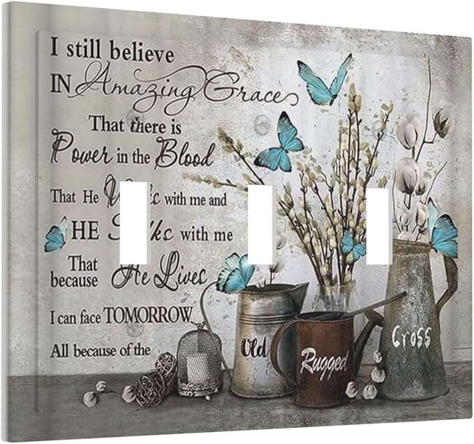Blue Butterfly Rustic Flower Inspirational Quotes 3 Gang Light Switch Covers Triple Toggle Wall Plate Decorative Switchplate Electrical Faceplate for Farmhouse Country Bedroom Kitchen Decor