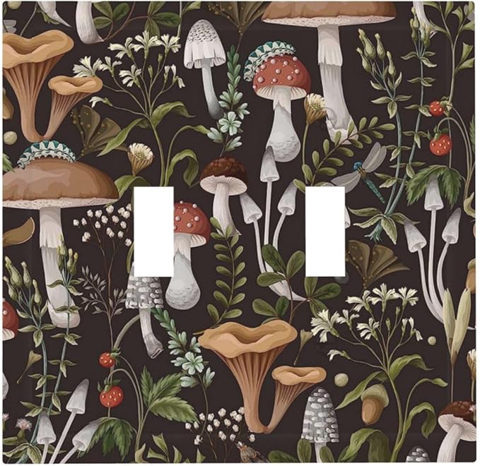 Funky Retro Vintage 70s 60s Boho Hippie Mushroom Botanical Floral 2 Gang Double Toggle Light Switch Wall Plate Outlet Cover Electrical Faceplate Switchplate Countryside Rural Bathroom Decor