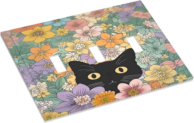Decorative Switch Plates Funny Cute Cartoon Cat Floral Colorful Flower 3 Gang Wall Plate Triple Toggle Light Switch Cover Faceplate Electrical Wall Panels For Kids Room Nursery Decor