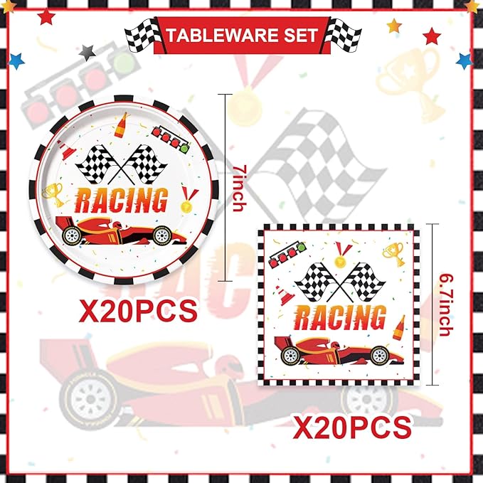 40pcs Race Car Plates and Napkins, Race Car Birthday Party Decorations for Race Car Theme Birthday party supplies