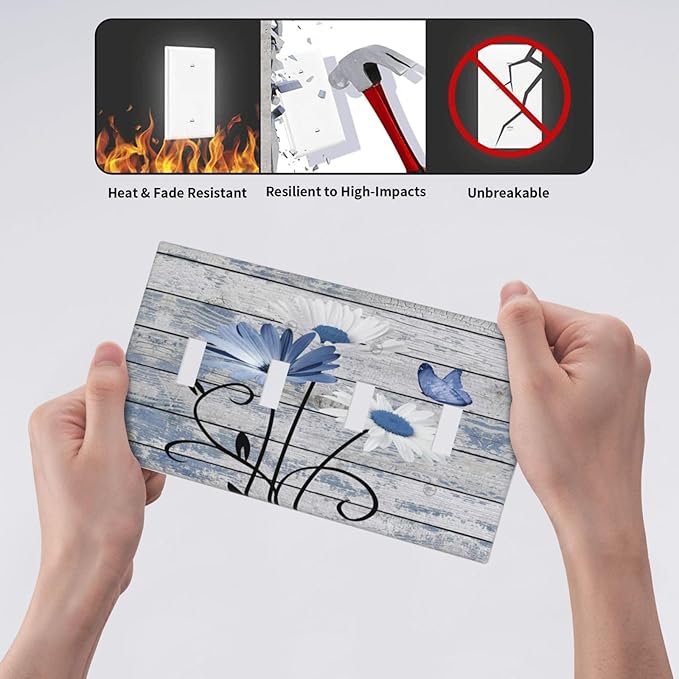 Blue White Daisy Flower Butterfly Rustic Wood Board Light Switch Covers Quad Toggle Electrical Faceplate 4 Gang Wall Plate Decorative Switch Plates Cover for Farmhouse Bedroom Decor