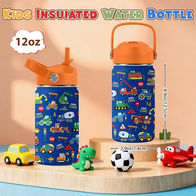 Construction Gifts for Men Women - 12oz Construction Truck Water Bottle with Straw Lid, Stainless Steel Insulated Bottle, Leak Proof, BPA-Free, School, Travel, Car Lovers Kids Birthday Gift Cup(1pc)