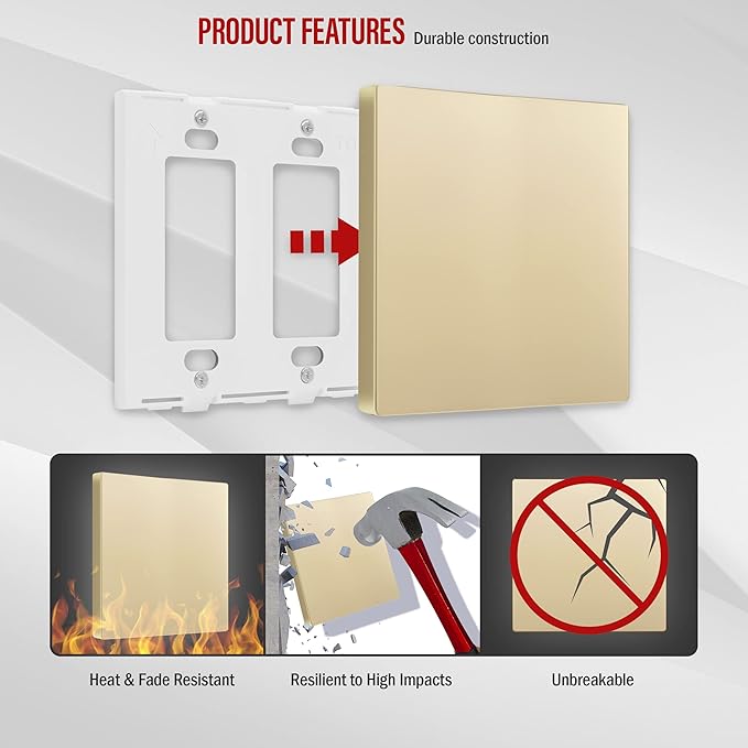 ENERLITES Screwless Double Blank Wall Plate, Child Safe Two Gang Blank Device Outlet Cover, Standard Size, 2-Gang 4.68" x 4.73", Polycarbonate Thermoplastic, UL Listed, SI8802-GD, Gold