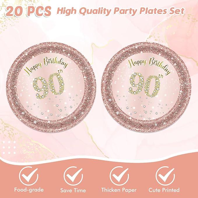 41Pcs 90th Birthday Decorations, Rose Gold Birthday Party Supplies Include 20Pcs Plates 20Pcs Napkins and 1Piece Tablecloth, Sweet Ninety Year Old Birthday Party Tableware for Girl Ladies Women