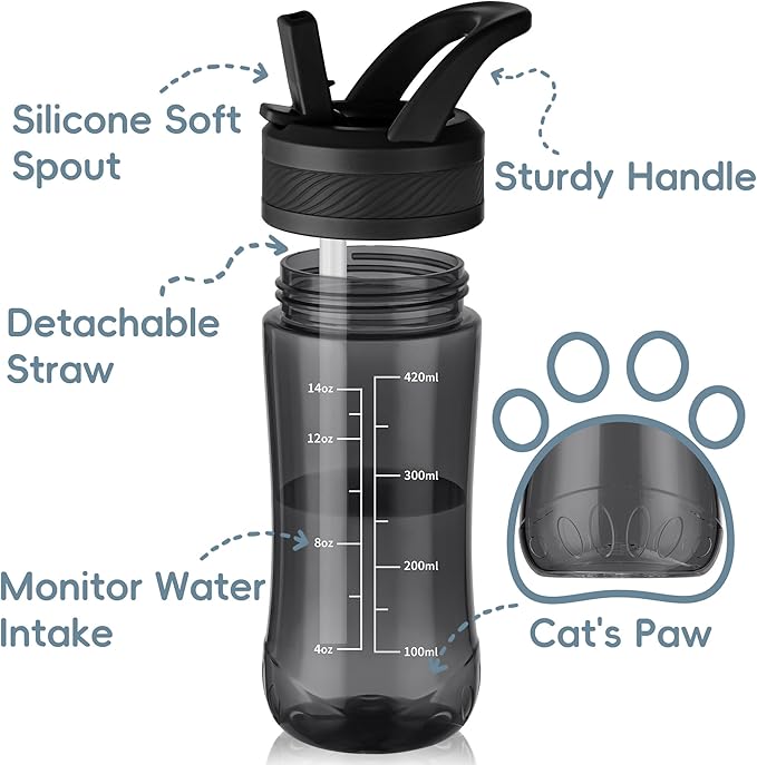 Kids Clear Water Bottle 14oz Flip with Straw Carry Handle, Leakproof, Reusable, Tritan, BPA Free, Suitable for Boys and Girls, Black