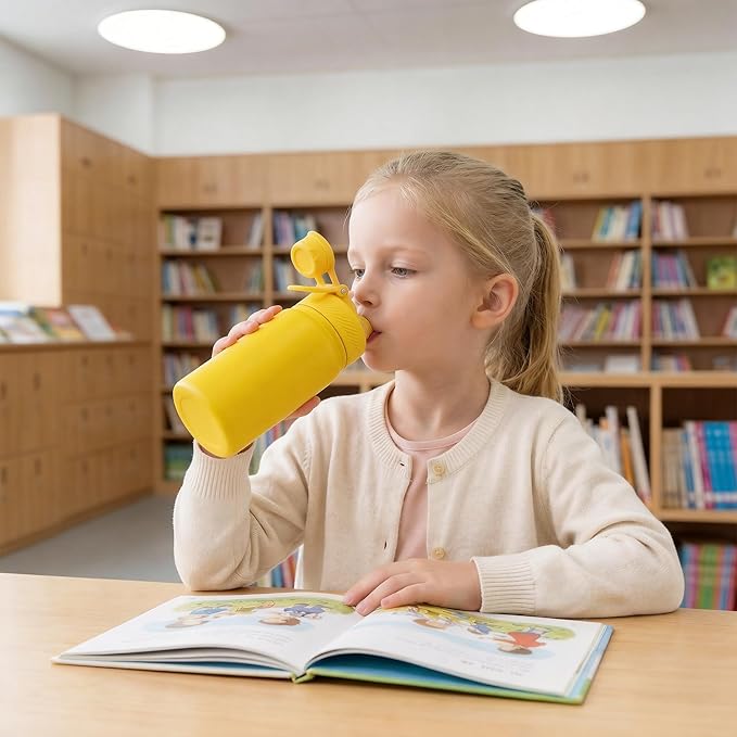 Fijinhom 12 oz Kids Water Bottle, 2-in-1 Stainless Steel Vacuum Insulated Water Bottle for Toddler, Leak Proof Spout & Straw, Double Wall Thermal Flask for Boys&Girls, School, Outdoor, Travel (Yellow)