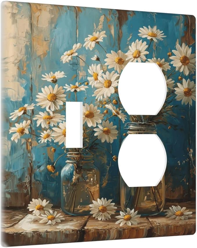 Delicate White Daisy Jars Retro Wood Background Wallplates 1 Toggle 1 Duplex Switch Plate Electrical GFCI Faceplate Decorative Light Switch Covers for Farmhouse Home Decor