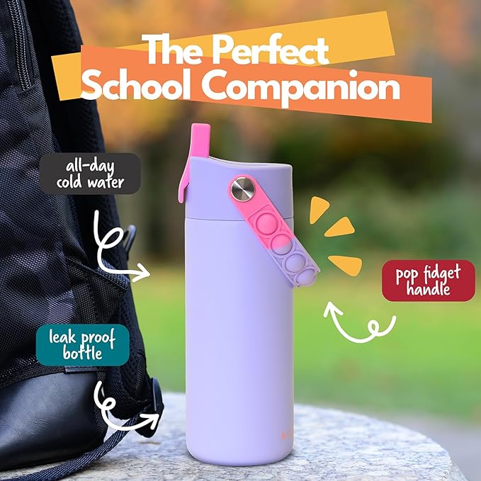 Elemental Insulated Kids Water Bottle, Stainless Steel Water Bottle with Straw Lid & Pop-It Handle, Leak-Proof Water Bottles for School, Boys or Girls, Travelling and Sports, 18oz - Lilac Tie Dye