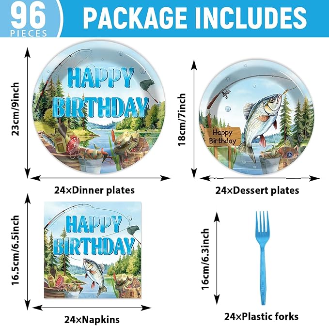 96Pcs Gone Fishing Party Plates Napkins Ofishally Birthday Supplies Fishing Birthday Paper Dessert Cake Plates Tropical Fish Tableware Sets for Kids Boys 24 Guests Birthday Party Decorations