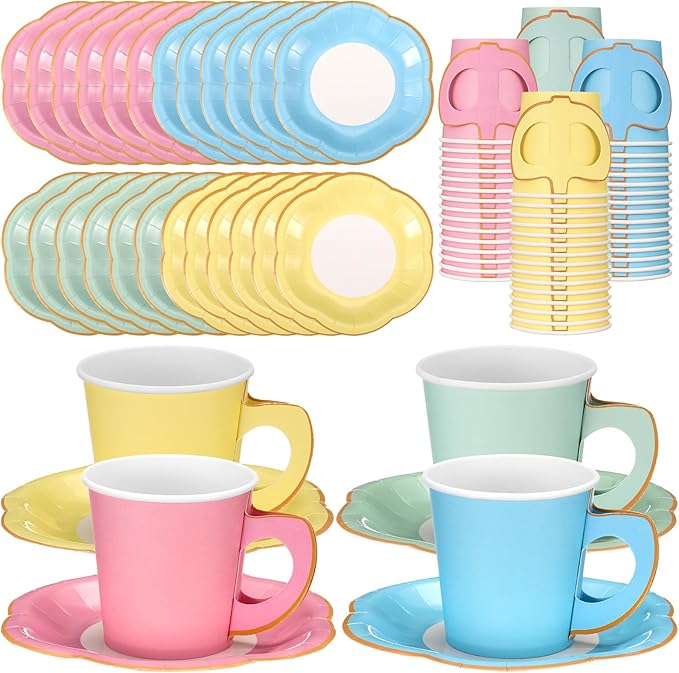 Umigy 36 Sets Mother's Day Pastel Tea Party Decorations 6.5 oz Paper Teacups & Saucer Set for Girls Women Tea Parties Mothers Day Bridal Shower Wedding Birthday Party Decorations(Pastel)