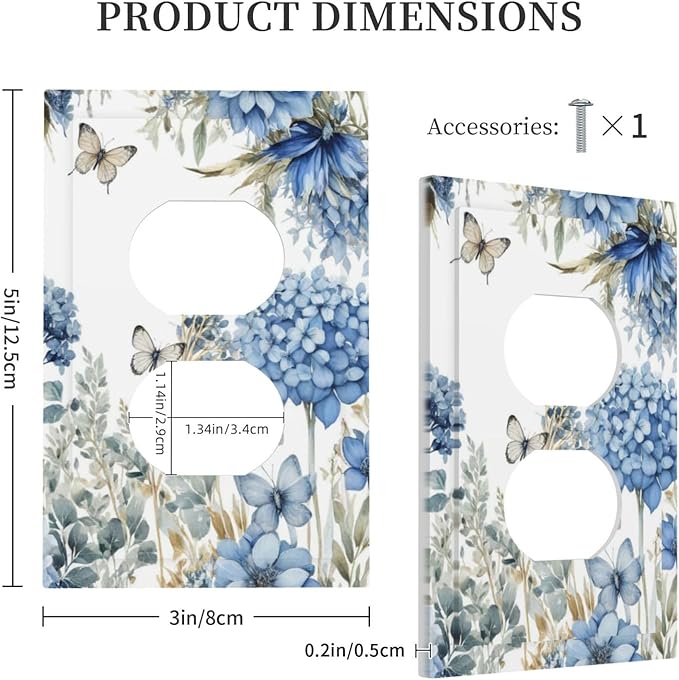 Decorative Outlet Covers Boho Blue Flowers Rustic Beige Butterfly Leaves 1 Gang Wall Plate Receptacle Duplex Light Switch Cover Plate Single Dual Plug Covers Electrical Switchplate