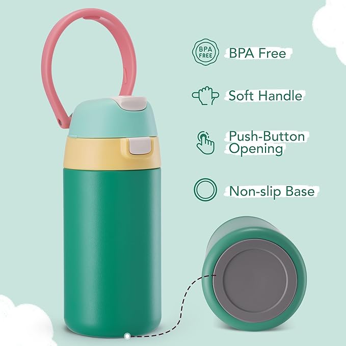 12 oz Water Bottle Insulated, 304 Stainless Steel Insulated Kids Water Bottle with Straw, 2-in-1 Lid Toddler Cups for School Boys Girls, BPA-Free, Leak-Proof, Great for Sport, Travel, Gift, Forest