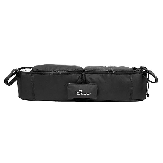 StrollAir - Universal Best Double Parent Stroller Organizer Caddy Insulated Cup Holder Console side-by-side Mountain Buggy TWIN WAY Bob Duallie Baby Jogger City Mini GT – Black