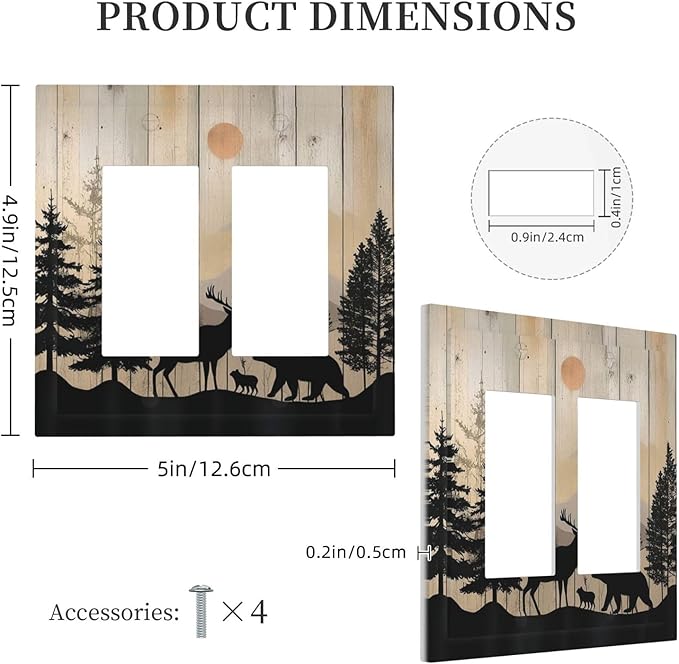 Decorative Outlet Covers Wood Board Wildlife Cute Bear Deer Forest Rustic 2 Gang Double GFCI Rocker Electrical Wall Panels Light Switch Cover Plate for Bathroom Farmhouse Decor
