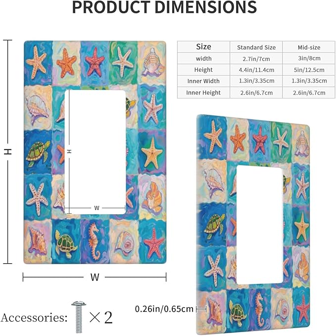 Sea Turtle Starfish Ocean Single Rocker Wall Plate Decorative 1 Gang Light Switch Covers Electrical Switchplate Home Decorate Faceplat for Bathroom Bedroom Kitchen Room 4.5 x 2.76 Inch