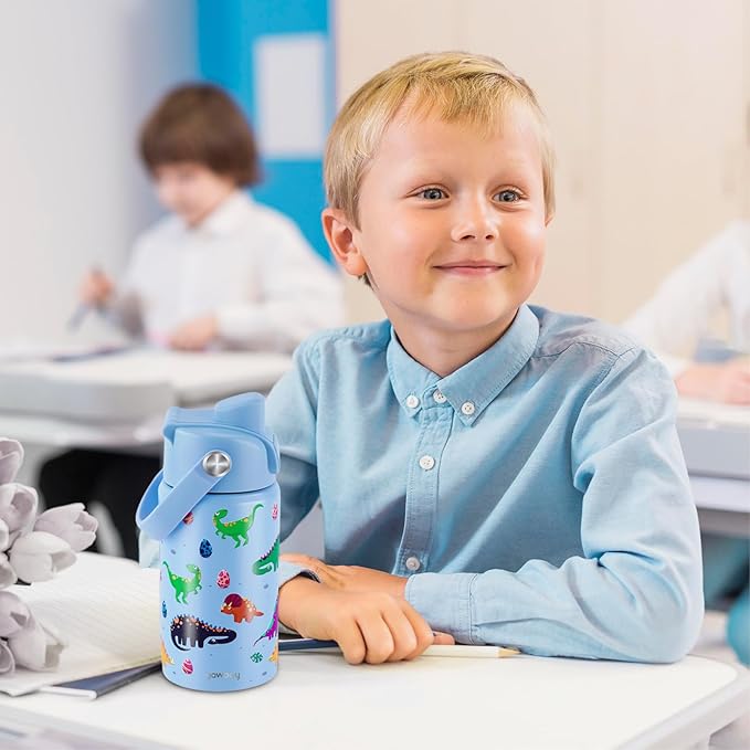Kids Water Bottle for School 12 oz,Stainless Steel Insulated Water Bottles,Dinosaur Water Bottle for Toddler Boys Girls with Pop-Up Straw-Cap(Dino)