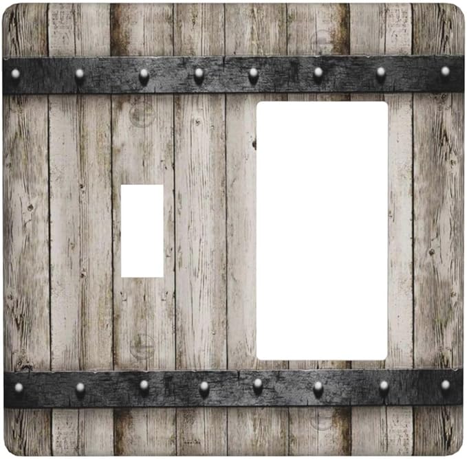 Western Barn Rustic Vintage Brown Grey Wood 2 Gang Combo Device 1-Toggle 1-Decorator/GFCI Combo Outlet Light Switch Cover Kitchen Cabin Retro Wooden Combo Two Gang Combination Rocker Wall Plate