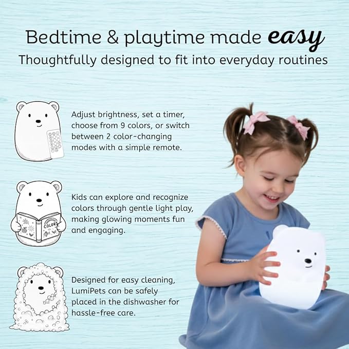 Lumipets Benny The Bear Squishy Silicone Night Light for Kids | Cute Night Light with Remote & Touch Control for Girls & Boys | 9 Color Changing Soft Portable Animal Lamp Comes with USB Cord
