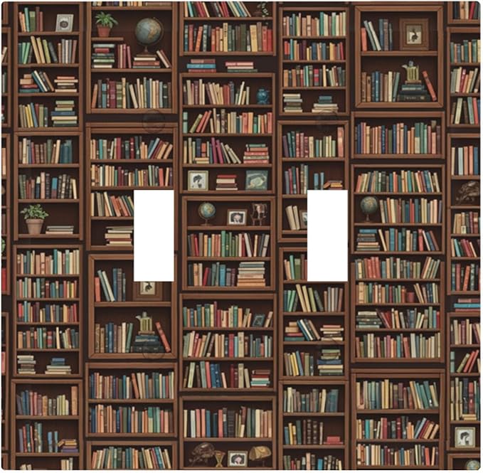 Vintage Library Bookshelf Double Toggle Switch Cover - 2-Gang Standard US Size Dark Academia Book Lover's Dream Light Switch Covers, Cozy Bookshelf for Study Room Decor