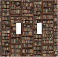 Vintage Library Bookshelf Double Toggle Switch Cover - 2-Gang Standard US Size Dark Academia Book Lover's Dream Light Switch Covers, Cozy Bookshelf for Study Room Decor