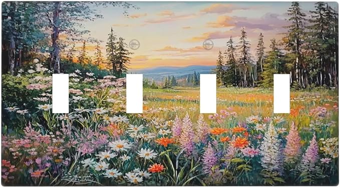 Light Switch Covers Floral Landscape Rustic Nature Wildflower Quad Toggle Electrical Faceplate 4 Gang Wall Plate Decorative Switch Plates For Bed Room Living Room Decor