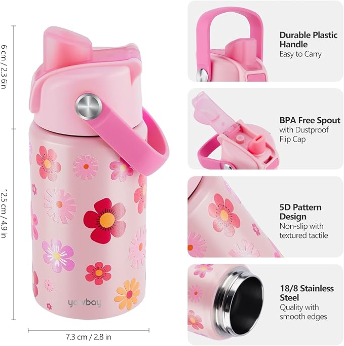 Kids Water Bottle for School 12 oz,Insulated Stainless Steel Water Bottle for Kids,Water Bottles for Toddler Girls Boys with Pop-Up Straw-Cap(Flower)