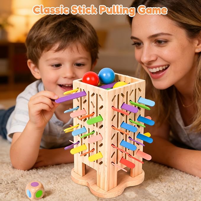 Montessori Toys Wooden Board Games for Kids 4-6, 5-in-1 Fine Motor Skills Educational Games for 3 4 5 6 Year Olds, Colorful Wooden Stick Game with Dice, Family Travel Games for Boys Girls