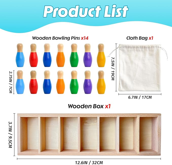 pamexin Family Games for Kids, Wooden Bowling Color Matching Game with 7 Bright Pins and Storage Bag, Family Board Games Party Birthday Gift, Fun Party Game for Boys Girls