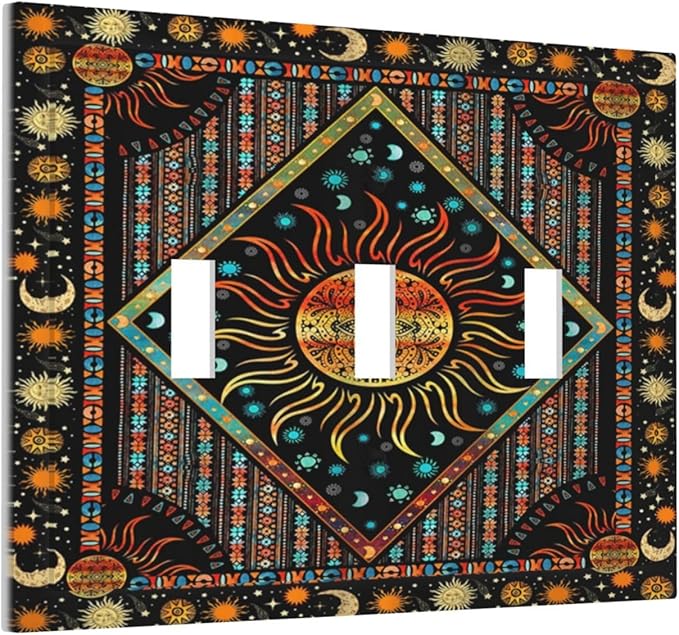 Light Switch Cover Boho Burning Sun Hippie Retro Bohemian Gypsy 3 Gang Wall Plate Triple Light Switch Plate Toggle Decorative Outlet Covers Electrical Switchplate for Bathroom Home Decor